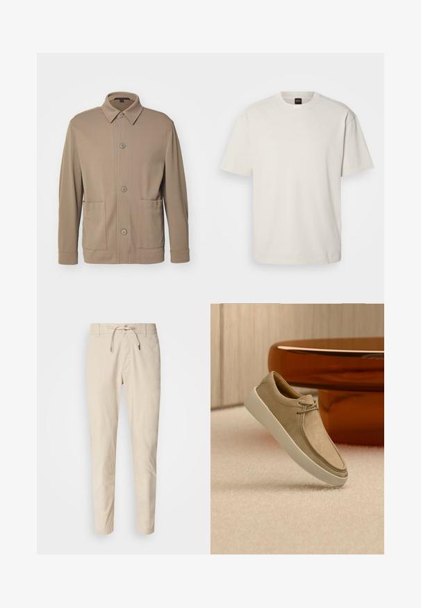 Veste cintrée à boutons beige en tissu texturé, avec un col, des boutons à l'avant et deux poches latérales. Design décontracté et ajusté.; T-shirt à manches courtes et col rond en coton blanc cassé, présentant une coupe droite et un marquage minimal sur le col. Texture douce, sans motifs.; Pantalons beige clair avec une texture de tissu lisse, taille élastique et cordon de serrage ajustable. Design à jambes fuselées. Aucune motif visible.; Baskets en daim beige avec semelle épaisse blanche et lacets, positionnées sur un tapis beige texturé avec une table ronde brune brillante en arrière-plan.