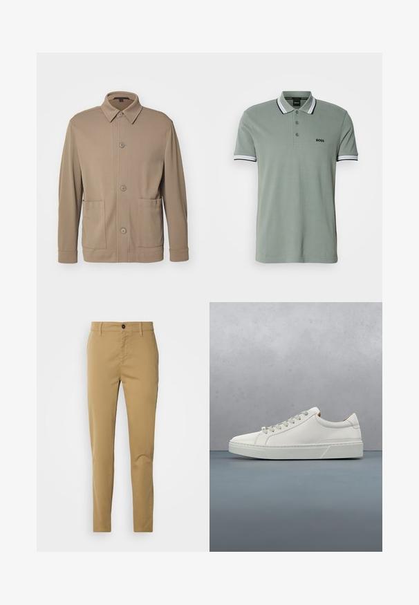 Beige Hemdjacke aus strukturiertem Stoff, mit Kragen, Vorderknöpfen und zwei Seitentaschen. Maßgeschneiderter, lässiger Schnitt.; Hellgrünes Poloshirt mit klassischem Kragen, drei-Knopf-Leiste und gestreiften Akzenten an den Ärmeln. "BOSS"-Logo auf der Brust.; Khakihosen aus Baumwolle. Slim-Fit-Design mit glatter Textur, Fronttaschen und einem einzigen Knopfverschluss an der Taille.; Weißes Leder-Sneaker mit abgerundetem Zehenbereich, minimalistisches Design, graue Schnürsenkel und einer strukturierten grauen Gummisohle. Dezente Nähte sichtbar.