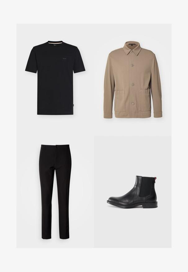 Beige knap-jakke lavet af struktureret stof, med krave, frontknapper og to sidelommer. Skræddersyet, afslappet design.; Sort T-shirt med korte ærmer og rund hals samt et lille "BOSS"-logo på venstre bryst, vist på en ensfarvet hvid baggrund.; Sorte bukser lavet af glat stof, med lige ben, lukkes med knapper foran og har diskrete sidelommer. Enkelt og skræddersyet udseende.; Sort læder Chelsea-støvle med elastiske sidepaneler, afrundet tå og lav, stablet hæl. Har en rød løftestrop og subtil branding på siden.