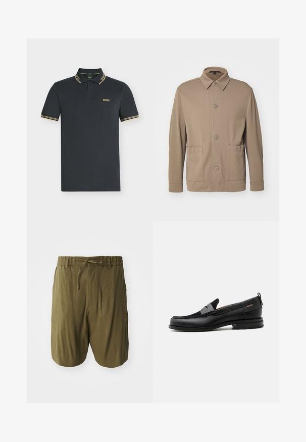 Beige knap-jakke lavet af struktureret stof, med krave, frontknapper og to sidelommer. Skræddersyet, afslappet design.; Mørk marineblå kortærmet polo med beige dobbelte striber på krave og ærmer, med "BOSS" logo på venstre bryst.; Olivengrønne shorts lavet af letvægtsstof, med en elastisk talje med snoretræk og sidelommer for ekstra bekvemmelighed.; Sort læderloafer med grå remdetalje, lav hæl og tekstureret sål, mærket med "HUGO" i guld på siden.