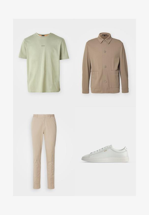 Beige knap-jakke lavet af struktureret stof, med krave, frontknapper og to sidelommer. Skræddersyet, afslappet design.; Olivengrøn kortærmet T-shirt lavet af blødt stof, med rund halsudskæring og et lille "BOSS"-logo trykt i midten.; Beige bomuldsbukser med lige ben, der har lynlåsgylpter, sidelommer og diskrete syninger. Glat tekstur.; Hvid lavtop lædersneakers med snørebånd, flad sål og lille gyldent "BOSS" logo på siden, set fra ydersiden.