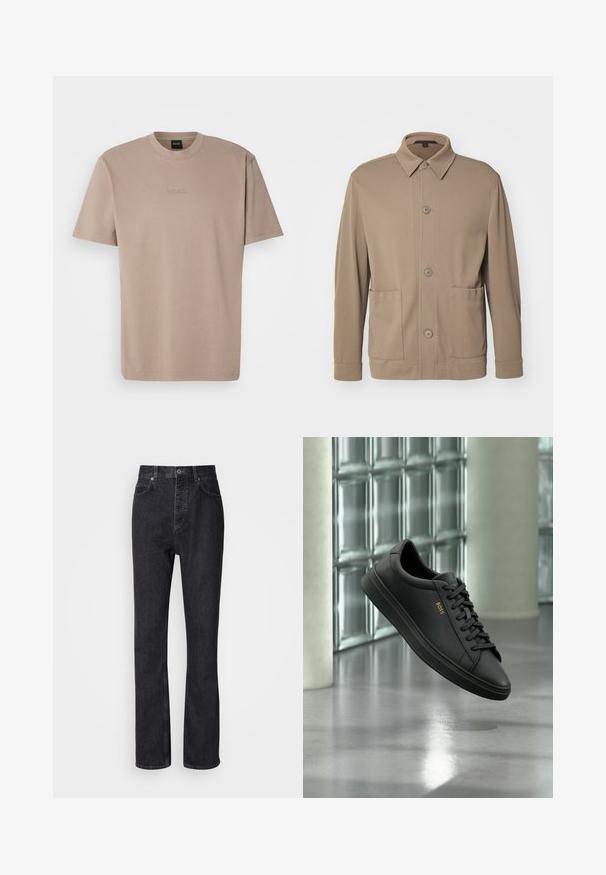 Veste cintrée à boutons beige en tissu texturé, avec un col, des boutons à l'avant et deux poches latérales. Design décontracté et ajusté.; T-shirt beige à manches courtes en coton doux avec un col rond, affichant un logo "BOSS" brodé sur la poitrine.; Jean en denim noir taille haute avec fermeture à bouton et à glissière, poches avant et arrière, et coupe droite.; Baskets basses en cuir noir avec lacets noirs et logo BOSS doré sur le côté, flottant au-dessus d’un sol gris brillant dans un espace intérieur moderne.