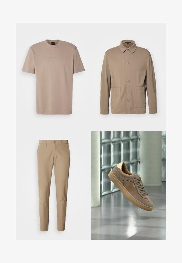 Veste cintrée à boutons beige en tissu texturé, avec un col, des boutons à l'avant et deux poches latérales. Design décontracté et ajusté.; T-shirt beige à manches courtes en coton doux avec un col rond, affichant un logo "BOSS" brodé sur la poitrine.; Pantalons beiges en tissu lisse avec une coupe droite, dotés d'une fermeture à bouton et de poches avant, accompagnés de passants de ceinture.; Baskets décontractées beiges avec lacets et logo « BOSS », flottant au-dessus d’un sol en béton poli avec un mur en blocs de verre en arrière-plan.