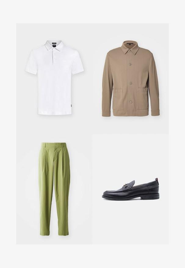 Beige knap-jakke lavet af struktureret stof, med krave, frontknapper og to sidelommer. Skræddersyet, afslappet design.; Hvid kortærmet polo med krave og tre knapper, med subtilt "BOSS" logo på brystet og lille mærkat i siden.; Lys grønne bukser lavet af et struktureret stof, med en lige form, folder foran og en standard talje.; Sort lædermokasin med grå tekstureret forfod, sølvfarvet metalspænde, lav hæl og trækflap bagpå.
