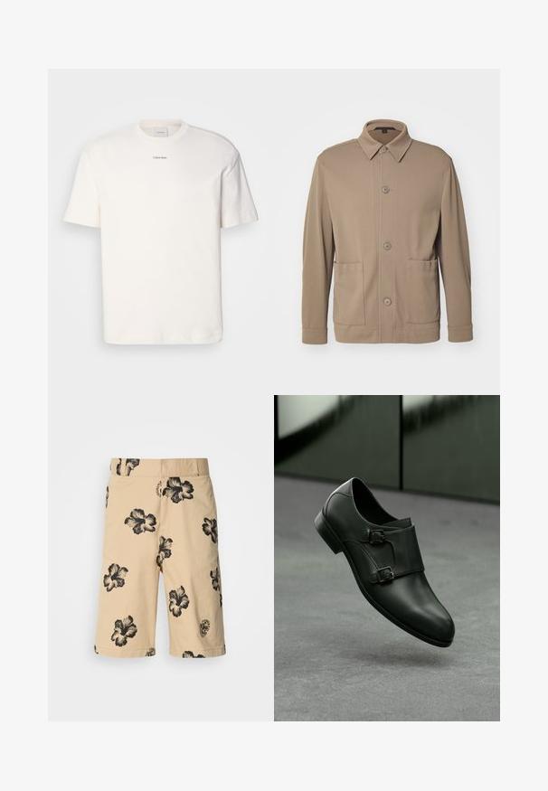 Beige Hemdjacke aus strukturiertem Stoff, mit Kragen, Vorderknöpfen und zwei Seitentaschen. Maßgeschneiderter, lässiger Schnitt.; Weißes Baumwoll-T-Shirt mit rundem Ausschnitt, kurzen Ärmeln und gesticktem "Calvin Klein"-Logo in der Mitte der Brust. Schlichtes Design.; Beige Shorts mit schwarzem Hibiskus-Blumenmuster. Mit elastischem Bund und einem Logodetail an der unteren Seite. Aus leichtem Stoff gefertigt.; Schwarze Lederschuhe mit einem schlanken Design, ausgestattet mit zwei silbernen Schnallenakzenten und einer runden Zehenform, vor einem grauen Hintergrund.