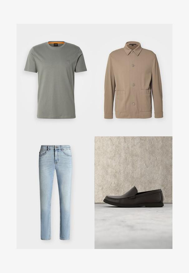 Veste cintrée à boutons beige en tissu texturé, avec un col, des boutons à l'avant et deux poches latérales. Design décontracté et ajusté.; T-shirt en coton gris à manches courtes et encolure ronde. Il présente un petit badge logo carré sur la partie gauche de la poitrine dans une couleur assortie.; Jean slim bleu clair en denim avec bouton et fermeture éclair à l'avant, design cinq poches et décoloration subtile de la cuisse au genou.; Mocassins en cuir marron foncé avec un bout arrondi, des détails de couture discrets et une semelle en caoutchouc basse. Texture lisse avec un ajustement flexible.