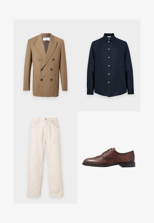 Dobbeltradet brun blazer med brede revers, seks sorte knapper, to forlommer og et FILIPPA K-mærke inde i kraven.; Mørkeblå, langærmet skjorte med knapper og spids krave, vist på hvid baggrund.; Beige lige jeans i denim med knaplukning, fem lommer og synlige syninger. Glat tekstur.; Brune læder dress sko med en glat finish, rund tå, fire snørehuller og en lav sort gummihæl. Enkel design uden mønstre.