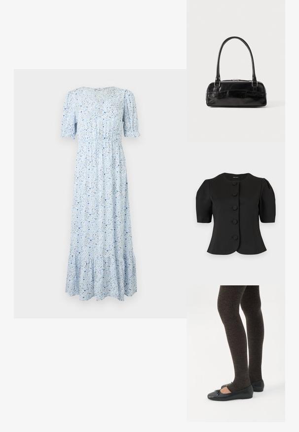 Veste noire à manches courtes et cintrée avec un col rond et cinq boutons recouverts de tissu sur le devant.; Robe midi bleu clair avec manches courtes bouffantes, décolleté en V, taille froncée, petit imprimé floral et ourlet à volants.; Jambes portant des leggings côtelés foncés associés à des ballerines noires avec de petits détails en nœud sur fond blanc.; Sac à main en cuir noir de forme rectangulaire, doté d'une seule ansse structurée, de quincaillerie argentée et d'une fermeture éclair. Texture lisse.