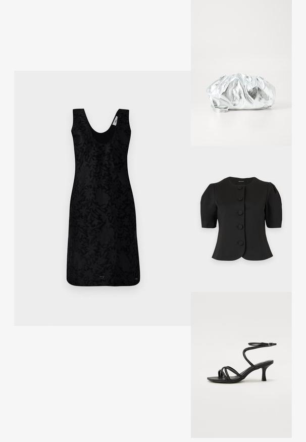 Veste noire à manches courtes et cintrée avec un col rond et cinq boutons recouverts de tissu sur le devant.; Robe noire sans manches avec un décolleté en V, présentant un motif floral texturé sur l'ensemble. Le design est structuré, avec une silhouette ajustée.; Even&Odd Wide Fit Sandales - black; Pochette argent métallique avec un corps doux et froncé et une fine bandoulière. Présente une texture lisse et brillante ainsi qu'une forme arrondie.