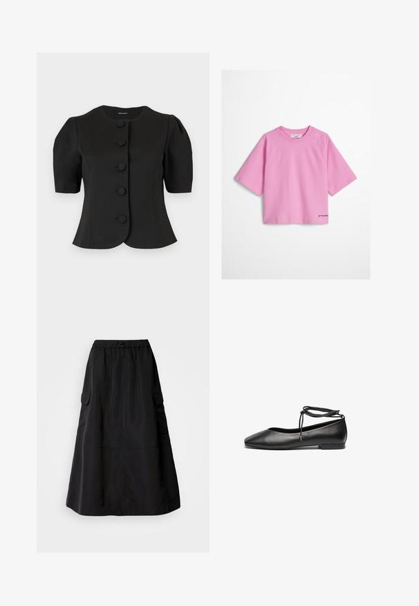 Zwarte korte mouwen, op maat gemaakte jas met ronde hals en vijf met stof beklede knopen aan de voorkant.; Lichtroze cropped T-shirt met korte mouwen, ronde hals en een klein zwart logo geborduurd op de linker onderzoom.; Zwarte rok met een losse pasvorm, gemaakt van gladde stof. Voorzien van een elastische tailleband en twee zijcargo zakken. Middellange uitvoering.; Zwarte leren ballerina's met een spitse neus, platte hak en een wikkelbandje rond de enkel. Glad oppervlak, minimalistisch ontwerp.