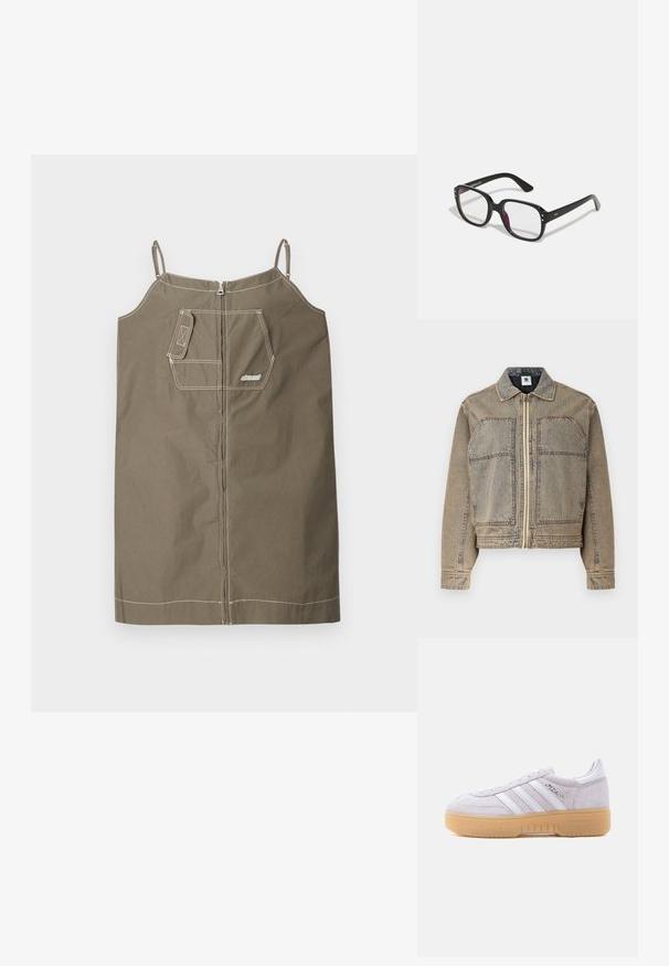 Jeansjacke in hellbraun, mit Reißverschluss, zwei Brusttaschen und einer strukturierten Silhouette mit kontrastierenden Nähten.; Olivegrünes ärmelloses Kleid aus Baumwolle mit Reißverschluss. Es verfügt über eine einzelne Brusttasche, kontrastierende Nähte und verstellbare Träger.; Weißer Adidas-Sneaker aus Wildleder mit Gummisohle, drei weißen Streifen und dem Schriftzug "Spezial" an der Seite, gezeigt von der Innenseite.; Schwarze rechteckige Brille mit klaren Gläsern, abgerundeten Kanten und seitlichen Akzenten, mit glänzender Oberfläche des Rahmens und der Bügel.