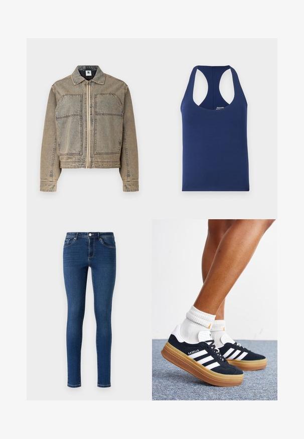 Leren spijkerjack in lichtbruin, met een ritsluiting, twee borstzakken en een gestructureerd silhouet met contrasterende stiksels.; Navy blauwe mouwloze tanktop gemaakt van zachte katoen. Kenmerkt een ronde halslijn en brede armsgaten. Eenvoudig, aansluitend ontwerp zonder patronen.; Skinny denim jeans in donkerblauw. Beschikt over een klassieke vijf-pocketstijl, metalen knoopsluiting en subtiele stiksels langs de naden.; Ben met witte sokken en zwarte Adidas Gazelle sneakers met witte strepen en dikke bruine zolen op een grijs tapijt.