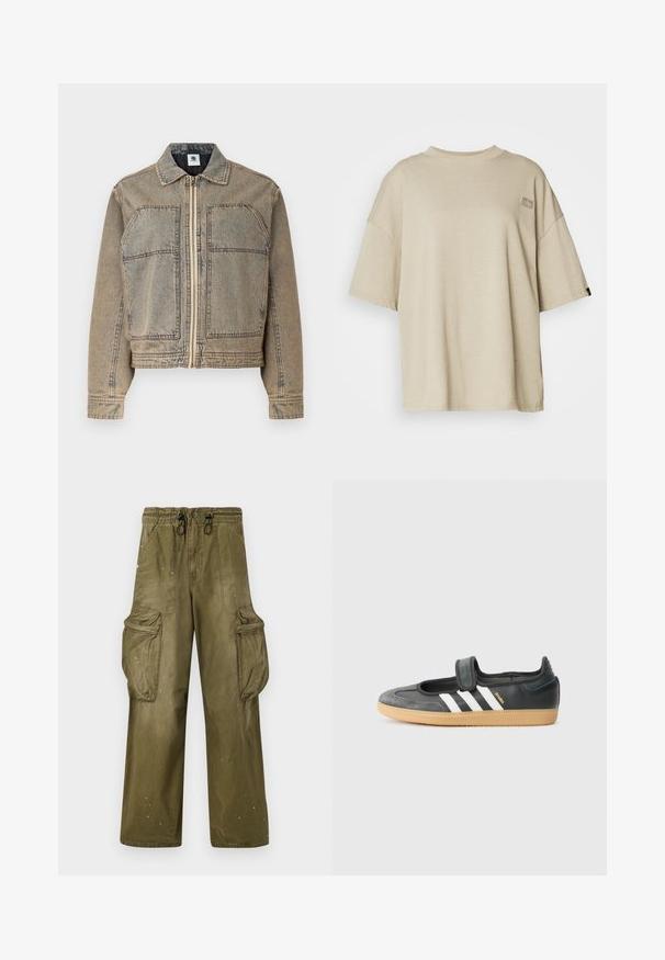 Heleda denim jope heledast pruuni toonis, millel on lukuga kinnitamine, kaks rinnaääre taskut ja struktureeritud siluett kontrastsete õmblustega.; Beige ülekasvanud T-särk, mis on valmistatud pehmest puuvillast, millel on minimalistlik disain, ümmargune kaelus ja rinna peal väike logopatch.; Olivet rohelised cargo püksid lõdva istumisega, elastse vöökoha, nööriga, kahe küljetasku ja kahe suure cargo-taskuga. Kergelt kulunud välimus.; Mustmust ja sametist sneaker, millel on Velcro rihm, kolm valget triipu ja kummi tallad, küljel on silt "SAMBA".