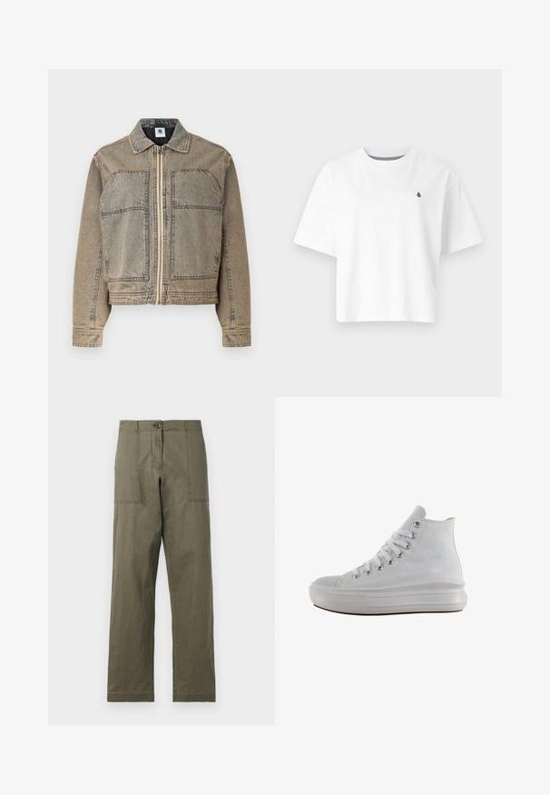 Jeansjacke in hellbraun, mit Reißverschluss, zwei Brusttaschen und einer strukturierten Silhouette mit kontrastierenden Nähten.; Weißes Baumwoll-T-Shirt, kurze Cropped-Design, kurze Ärmel, runder Halsausschnitt, mit einem kleinen schwarzen Logo auf der linken Brust.; Olivgrüne Baumwollhosen mit geradem Bein, zwei großen Seitentaschen und einem Knopfverschluss an der Taille.; Weißer High-Top-Canvas-Sneaker mit weißen Schnürsenkeln, metallischen Ösen, dicker Gummisohle und strukturierter Zehenkappe, nach links auf weißem Hintergrund ausgerichtet.