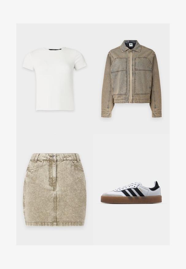 Veste en denim brun clair, dotée d'une fermeture éclair, de deux poches poitrine et d'une silhouette structurée avec des coutures contrastées.; T-shirt blanc à manches courtes en maille côtelée avec col rond, présenté sur un fond uni gris clair.; Jupe en denim kaki avec une finition texturée, cinq poches, fermeture à boutons à l'avant et détails cousus le long des bords.; Baskets en cuir blanc avec des rayures noires, semelle extérieure en caoutchouc beige, bout rond, fermeture lacée et embout en suède gris doux.
