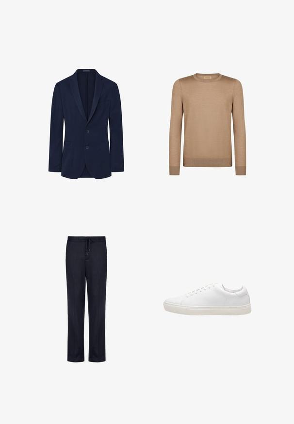 Marinblazer med en glat tekstur, enkelt bryst design, to knapper, klippet revers og to frontlommer. Enkel og struktureret form.; Brun langærmet sweater i et glat strikstof med rund halsudskæring og ribbede kantbånd og manchetter, der har et minimalistisk design.; Mørkeblå sweatpants lavet af blød stof, med elastisk talje og snøre, lige ben design og ingen synlige mønstre.; Hvide lædersneakers med en glat overflade, rund tå, snørebåndslukning og flad gummisål. Minimalistisk design uden synlige mønstre.