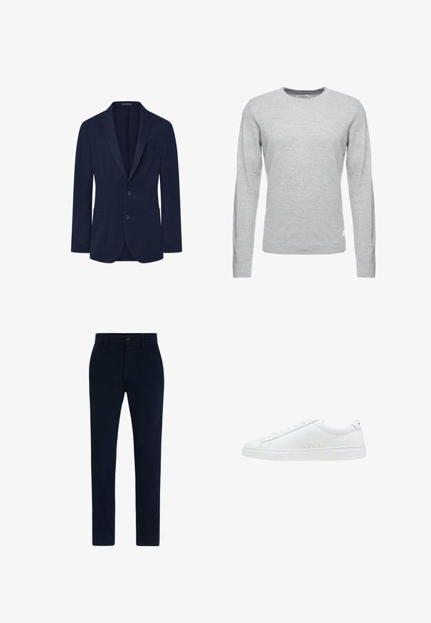 Marineblazer met een gladde textuur, enkelvoudig ontwerp, twee knopen, gelapte revers en twee voorzakken. Eenvoudige en gestructureerde vorm.; Lichtgrijze trui, lange mouw, ronde hals, zachte textuur, minimalistisch ontwerp, klein logolabel op de linkeronderzoom.; Marineblauwe chino's gemaakt van een zachte, duurzame stof. Voorzien van een knoopsluiting, riemlussen en een recht gesneden ontwerp. Geen zichtbare patronen.; Witte veter-sneakers met een glad bovenwerk dat lijkt op leer, een afgeronde neus, een platte rubberen zool en subtiele stiksel-details aan de zijkanten.