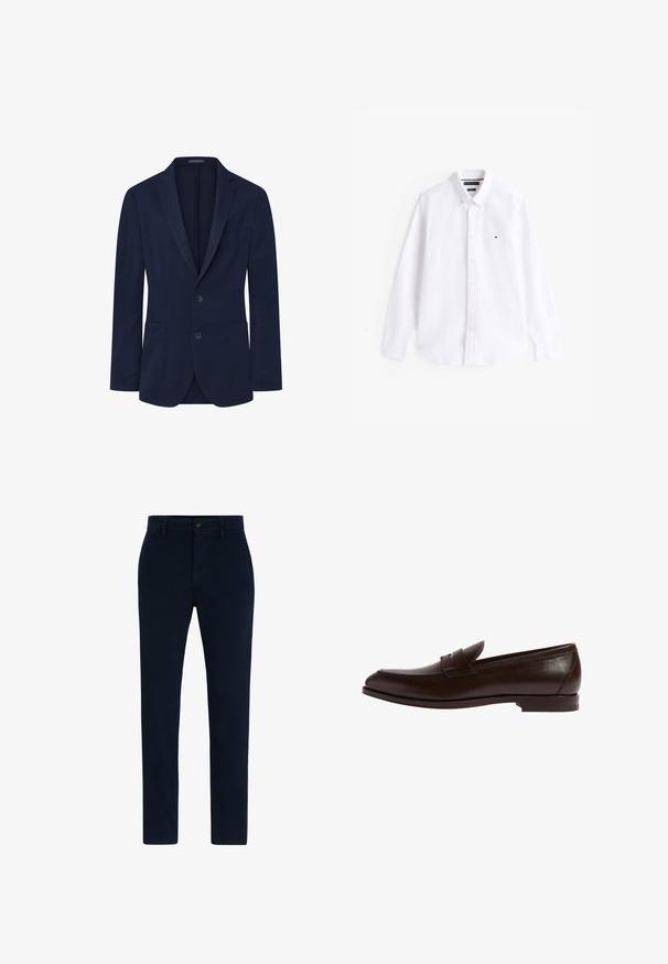 Blazer navy de textura suave, diseño de un solo botón, con dos botones, solapas con muesca y dos bolsillos frontales. Forma simple y estructurada.; Camisa de botones de manga larga blanca hecha de algodón. Cuenta con un collar extendido, tapeta de botones y un pequeño logo bordado en el pecho.; Chinos azul marino hechos de una tela suave y duradera. Presentan un cierre de botón, lazos para cinturón y un diseño de pierna recta. Sin patrones visibles.; Mocasín de cuero marrón con punta redondeada, detalles de costura y una banda decorativa discreta. Perfil delgado con suela plana de goma.