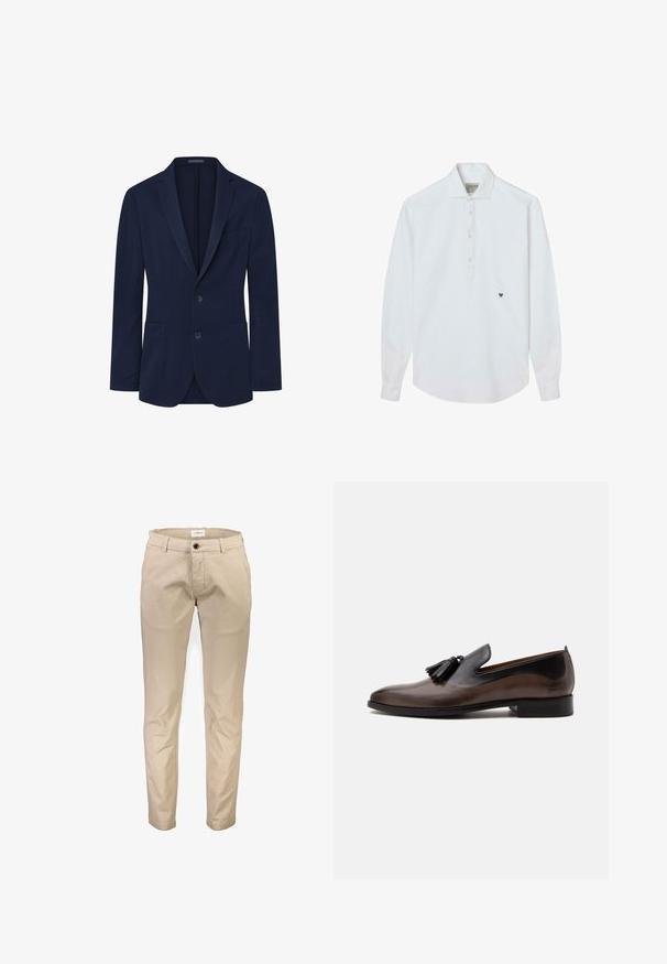Blazer navy de textura suave, diseño de un solo botón, con dos botones, solapas con muesca y dos bolsillos frontales. Forma simple y estructurada.; Camisa blanca de manga larga con cuello abotonado, siete botones en la parte delantera y un pequeño logo negro en el lado izquierdo del pecho. Textura de tela lisa.; Pantalones de algodón beige con diseño de pierna recta, que cuentan con bolsillos delanteros, cierre de cremallera y un solo botón. Textura lisa, sin estampados.; Mocasín marrón de cuero para hombre con borlas negras y tacón negro, acabado pulido, perfil lateral sobre fondo blanco.
