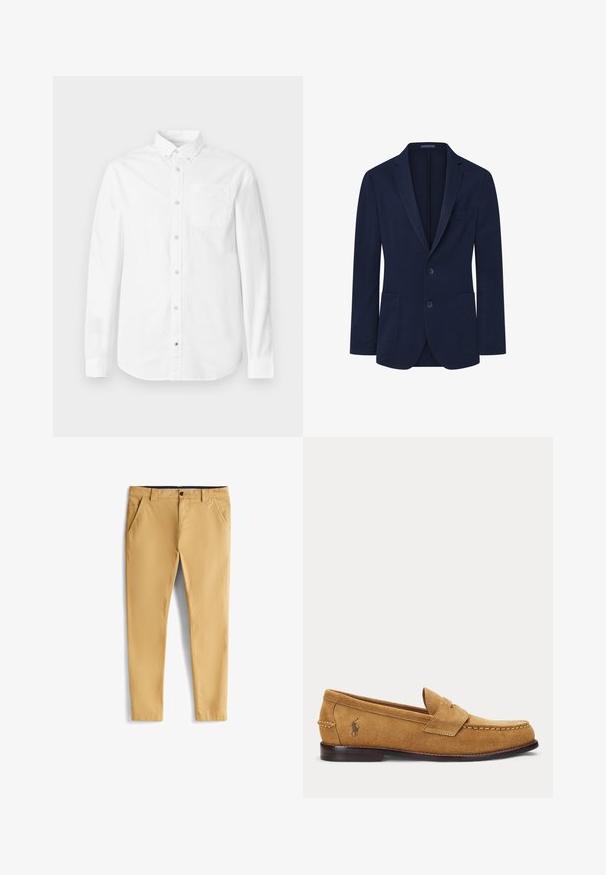 Marineblazer met een gladde textuur, enkelvoudig ontwerp, twee knopen, gelapte revers en twee voorzakken. Eenvoudige en gestructureerde vorm.; Witte blouse met lange mouwen van katoen. Voorzien van een button-down kraag, voorzak en subtiele textuur. Rechte zoom met knoopsluitingen.; Lichtgele chino's met een gladde textuur, voorzien van twee zijzakken, een sluiting met een knop aan de voorkant en een taps toelopend ontwerp.; Tan suède loafer met gestikte details en een klein geborduurd paardenlogo aan de zijkant, met een lage houten hak en instapmodel.