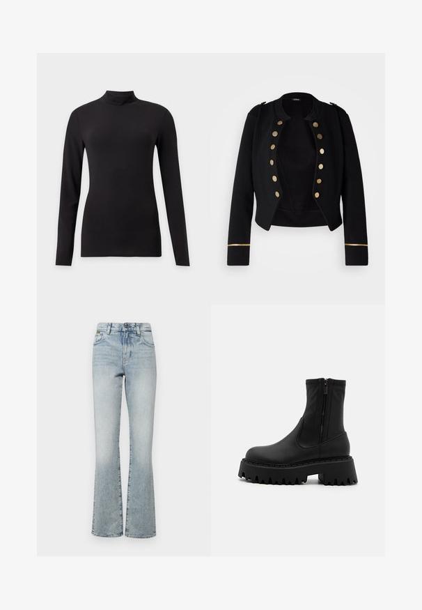 Sort cropped jakke lavet af blødt materiale, med store guldknapper og en gylden accentstribe på ærmerne. Klassisk militærdesign.; Sort tætsiddende top med lange ærmer og høj krave, vist på en ensfarvet lys grå baggrund.; Lysvasket denim flare jeans med høj talje, der har fem lommer og minimal hardware. Stoffet har en glat tekstur og en falmet finish.; Sorte ankelstøvler lavet af mat syntetisk materiale, med en sidelukning, en chunky platformsål med tandskær og forstærkede sømme.