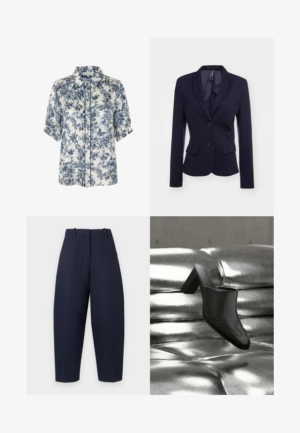 Blazer ajusté bleu marine avec un col cranté, deux poches avant et fermeture à bouton. Fabriqué en tissu tissé lisse avec une coupe structurée.; Chemisier blanc à manches courtes avec imprimé botanique et papillons bleu marine, col pointu, boutons sur le devant et poignets froncés.; Pantalon bleu marine à coupe ajustée, silhouette à jambe large, plis et passants pour ceinture. Confectionné dans un tissu lisse et texturé.; Mule en cuir noir avec talon bloc reposant sur une surface argentée brillante capitonnée, mettant en valeur son design élégant et ses détails incurvés.
