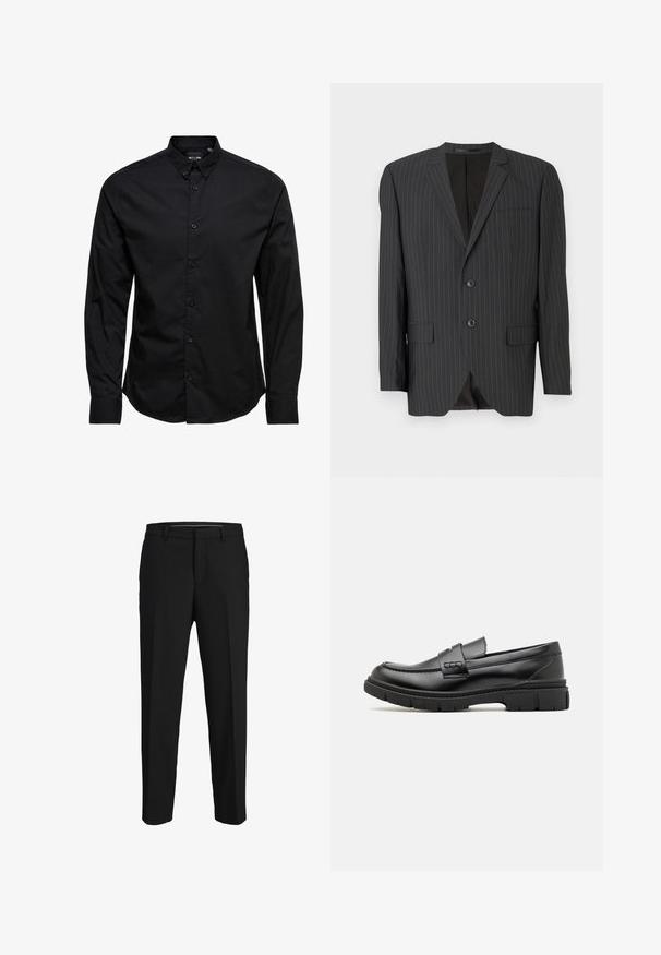 Blazer noir à rayures avec fermeture à deux boutons, revers crantés, poches latérales, poche poitrine simple et intérieur doublé. Coupe ajustée.; Chemise noire à manches longues avec des boutons, en coton. Elle est dotée d'un col classique, de boutons sur le devant et d'un ourlet droit sans motifs ni embellissements.; Pantalons noirs en tissu lisse, présentant une coupe droite, des passants de ceinture et un devant plat sans motifs ni embellissements visibles.; Mocassin en cuir noir avec une large sangle sur le devant, semelle en caoutchouc à épaisse rainure, et texture lisse. Design classique et élégant.