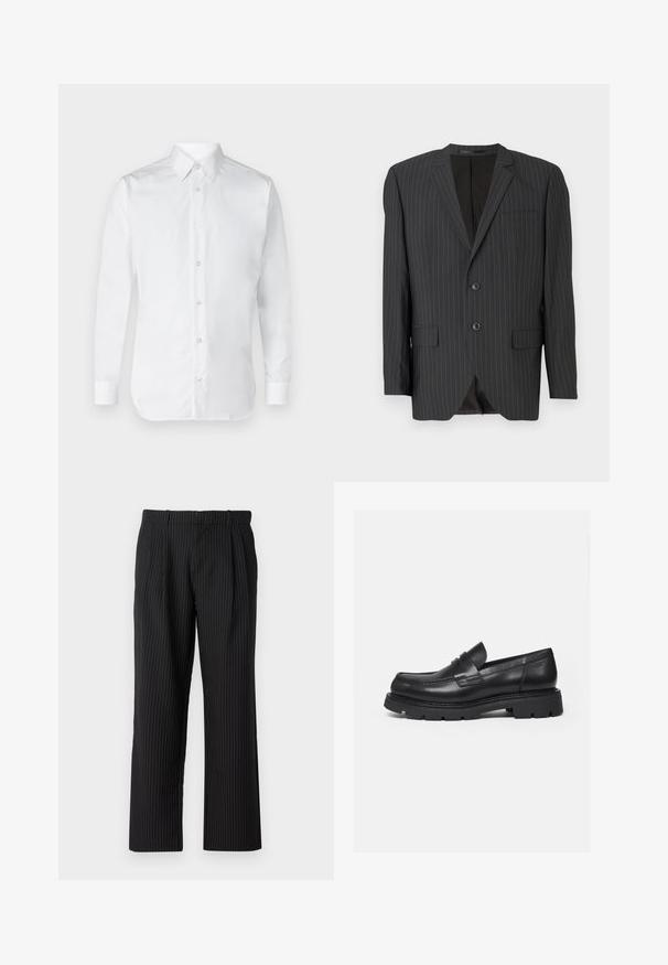 Schwarzer Blazer mit Nadelstreifen, zwei Knöpfen, Reverskragen, Seitentaschen, einer Brusttasche und gefüttertem Innenbereich. Taillierte Passform.; Weißes Hemd mit langen Ärmeln, aus glattem Baumwollstoff, mit einem klassischen Kragen und subtiler Glanz. Fünf Knöpfe vorne.; Jack & Jones Classic Wide Leg Fit - Stoffhose - black; Schwarzer Lederloafer mit dicker, profilierter Sohle und Pennyriemen-Detail, von der rechten Seitenansicht auf weißem Hintergrund gezeigt.