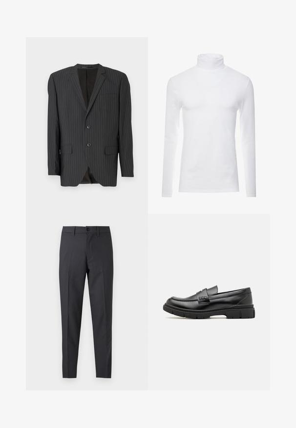 Schwarzer Blazer mit Nadelstreifen, zwei Knöpfen, Reverskragen, Seitentaschen, einer Brusttasche und gefüttertem Innenbereich. Taillierte Passform.; Weißes Langarm-Turtleneck-Shirt aus weichem, dehnbarem Stoff. Verfügt über einen hohen Kragen und eine figurbetonte Passform, die eine schlanke Silhouette bietet.; Dunkelgraue, maßgeschneiderte Anzughose mit vorderem Knopf und Gürtelschlaufen, flach auf weißem Hintergrund präsentiert.; Schwarze Lederloafer mit einem breiten Riemen über dem Rist, Gummisohle mit dicken Profilen und glatter Textur. Klassisches, schlankes Design.