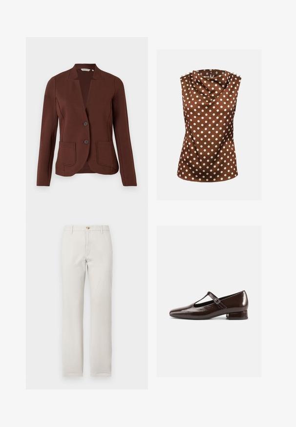 Bruine op maat gemaakte blazer van ribbelstof, met een opstaande kraag, twee voorzakken en een sluiting met twee knopen.; Mouwloze bruine blouse met witte polkadots, gedrapeerde hoge halslijn en decoratieve knopen op de schouders.; Rechtrand beige broek met riemlussen, knoopsluiting aan de voorkant en ritssluiting op een effen witte achtergrond.; Bruine lakleren Mary Jane-schoenen met een afgeronde neus, een uitgesneden ontwerp en een verstelbare riem. Lage blokhak.