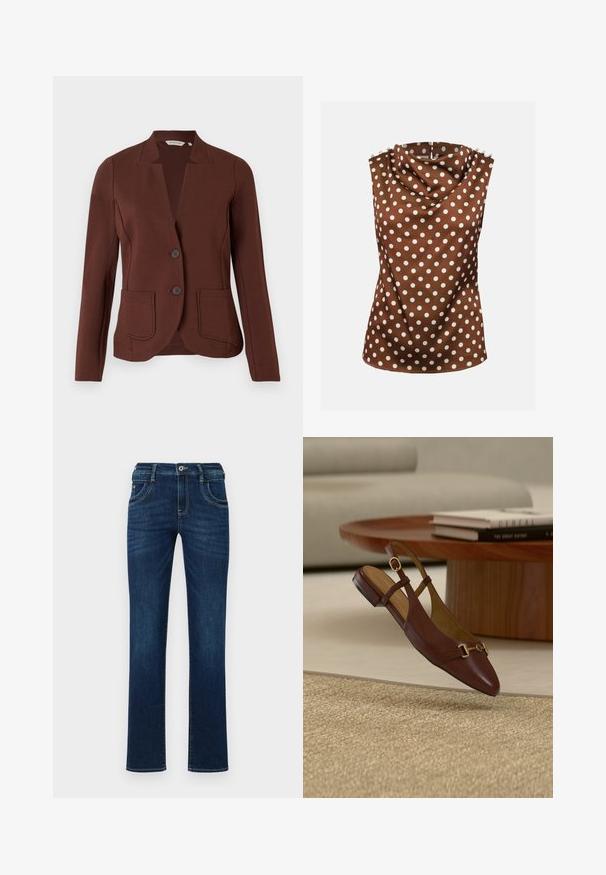 Brauner maßgeschneiderter Blazer aus geripptem Stoff, mit einem Reverskragen, zwei vorderen Taschen und zwei Knopfverschluss.; Ärmellose braune Bluse mit weißen Polka-Punkten, drapiertem hohem Ausschnitt und dekorativen Knöpfen auf den Schultern.; Dunkelblaue Denim-Jeans mit geradem Bein, fünf Taschen, und einem standardmäßigen Knopfverschluss. Verfügt über dezente Stickdetails.; Brauner Lederslingback-Flachschuh mit goldener Schnalle, auf beigem strukturiertem Teppich neben rundem Holztisch mit gestapelten Büchern platziert.