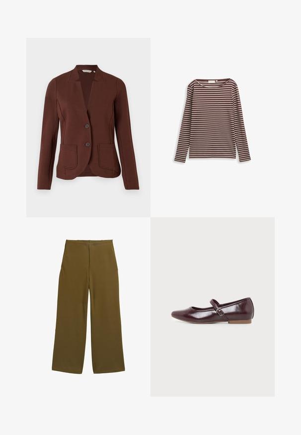 Brauner maßgeschneiderter Blazer aus geripptem Stoff, mit einem Reverskragen, zwei vorderen Taschen und zwei Knopfverschluss.; Langärmliges, braunes und cremefarben gestreiftes Hemd aus weichem Material. Es hat einen runden Halsausschnitt und einen figurbetonten Schnitt.; Weite Hosen aus olivgrünem Stoff mit glatter Textur und ohne sichtbare Verschlüsse. Entworfen für eine lockere Passform mit klaren Linien.; Bordeauxroter Mary Jane Flachschuh mit abgerundetem Zehenbereich, glänzender Oberfläche, verstellbarem Seitenriemen mit silberner Schnalle und flacher hellbrauner Sohle.