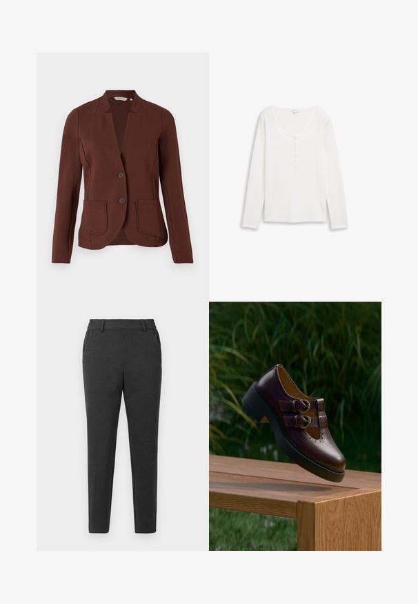 Blazer marron sur mesure en tissu côtelé, avec un col en pointe, deux poches avant et une fermeture à deux boutons.; Haut long à manches blanches avec un col rond et un plastron de boutons partiel. Texture douce, design ajusté et style minimaliste.; Pantalons slim gris foncé avec passants de ceinture, poches latérales et une coupe fuselée, sur un fond uni clair.; Chaussure en cuir marron foncé avec double boucle, détails perforés et semelle noire épaisse, suspendue au-dessus d'une table en bois à l'extérieur.