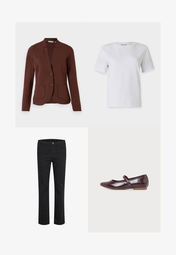 Bruine op maat gemaakte blazer van ribbelstof, met een opstaande kraag, twee voorzakken en een sluiting met twee knopen.; Witte t-shirt met korte mouwen van gladde katoen. Heeft een ronde halslijn en rechte zoom, zonder patronen of versieringen.; Zwarte denim broek met een rechte pasvorm, voorzien van twee voorkruiszakken en een enkele metalen knop aan de tailleband. Gladde textuur.; Bordeauxrode Mary Jane platte schoen met een ronde neus, glanzende afwerking, verstelbare zijriem met een zilveren gesp en een lage lichtbruine zool.