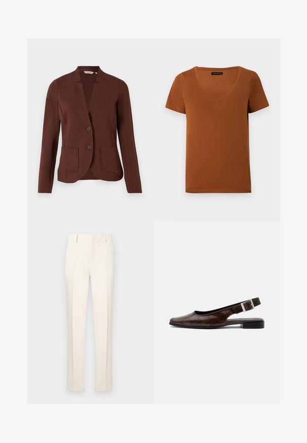 Blazer marron sur mesure en tissu côtelé, avec un col en pointe, deux poches avant et une fermeture à deux boutons.; T-shirt en coton marron à manches courtes et col en V, avec un ourlet droit et une texture lisse, présenté sur un fond blanc uni.; Pantalon habillé couleur crème avec passants pour ceinture et coupe slim, présenté à plat sur un fond gris clair.; Chaussure plate slingback en cuir marron foncé avec bout carré, texture crocodile et boucle argentée sur la bride.