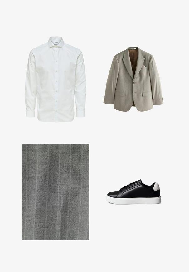 Hellgrauer einreihiger Blazer mit kerbsolchen Revers, Zwei-Knopf-Verschluss, Klappentaschen und einem floralen Einstecktuch in der Brusttasche.; Weißes Hemd mit langen Ärmeln, durchgeknöpft vorne und spitzem Kragen, vor weißem Hintergrund dargestellt.; Grauer Stoff mit feinem Nadelstreifenmuster und strukturiertem Aussehen, das eine subtile Webart und glatte Oberfläche zeigt.; Schwarzer Leder-Sneaker mit niedrigem Schaft, schwarzen Schnürsenkeln, weißer Gummisohle und weißem Wildleder-Akzent an der Ferse, im Seitenprofil auf weißem Hintergrund dargestellt.