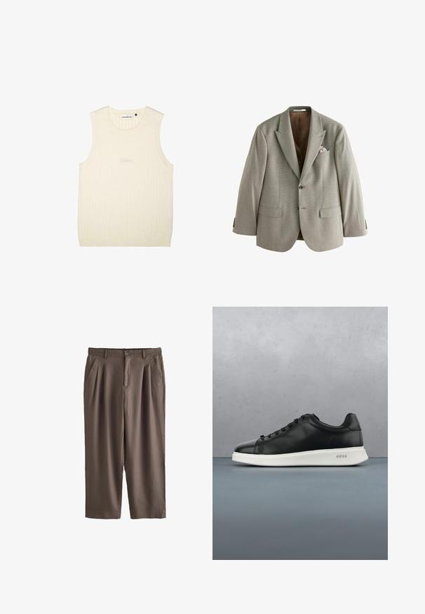 Blazer gris claro de un solo botón con solapas de muesca, cierre de dos botones, bolsillos con solapa y un pañuelo floral en el bolsillo del pecho.; Top sin mangas de color crema, confeccionado en tejido acanalado, con cuello redondo y sutil logotipo bordado en el frente.; Pantalones marrones de pierna recta con pliegues, bolsillos laterales, trabillas para cinturón, cierre de botón y cinturilla trasera elástica, mostrados sobre fondo blanco.; Zapatilla de cuero negro con suela texturizada blanca, punta redonda y seis ojales. Presenta un sutil logotipo en el tacón. Acabado suave en general.