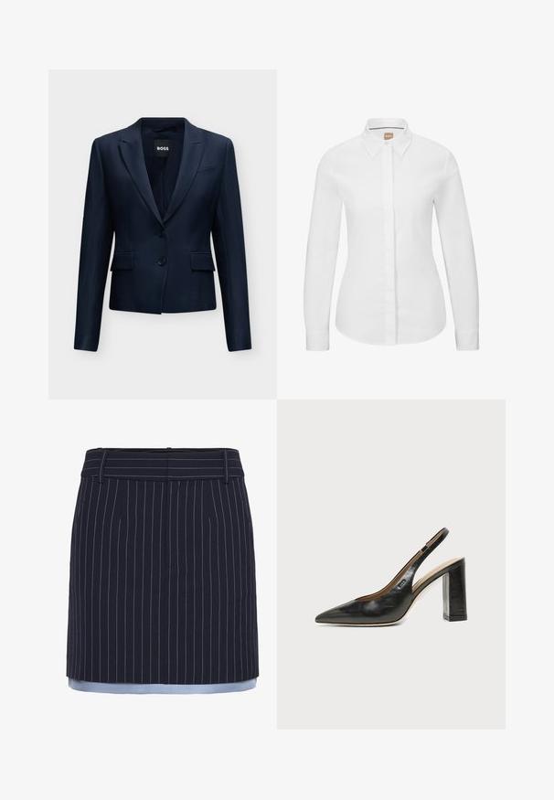 Blazer tailleur bleu marine pour femme avec deux boutons sur le devant, revers crantés, poches à rabat et étiquette de la marque BOSS à l'intérieur du col.; Chemise blanche à manches longues, en coton crisp, avec un col classique, une patte de boutonnage à l'avant et une coupe ajustée. Texture lisse, sans motifs.; Jupe bleu marine à rayures, avec une coupe droite, mettant en valeur des accents bleu clair au niveau de l'ourlet, fabriquée dans un tissu texturé et dotée d'une ceinture large.; Chaussure slingback en cuir noir à bout pointu avec un talon bloc haut et une doublure intérieure beige sur un fond clair uni.