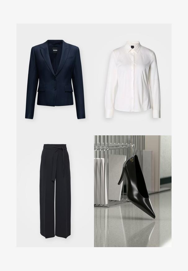 Marineblå dameskræddersyet blazer med to forreste knapper, hakkede reverser, klaplommer og BOSS mærke inden i kraven.; Hvid langærmet skjorte med knapper og klassisk krave lavet af blødt bomuldsstof, med en slim fit og et enkelt design uden mønstre.; Vide sorte bukser lavet af blød stof. Har en bælteholdbar talje og frontfolder. Glat tekstur med et rent, moderne design.; Sort højhælet sko med spids tå og guldlogo, placeret på en reflekterende overflade nær en krom trådfilholder med dokumenter.