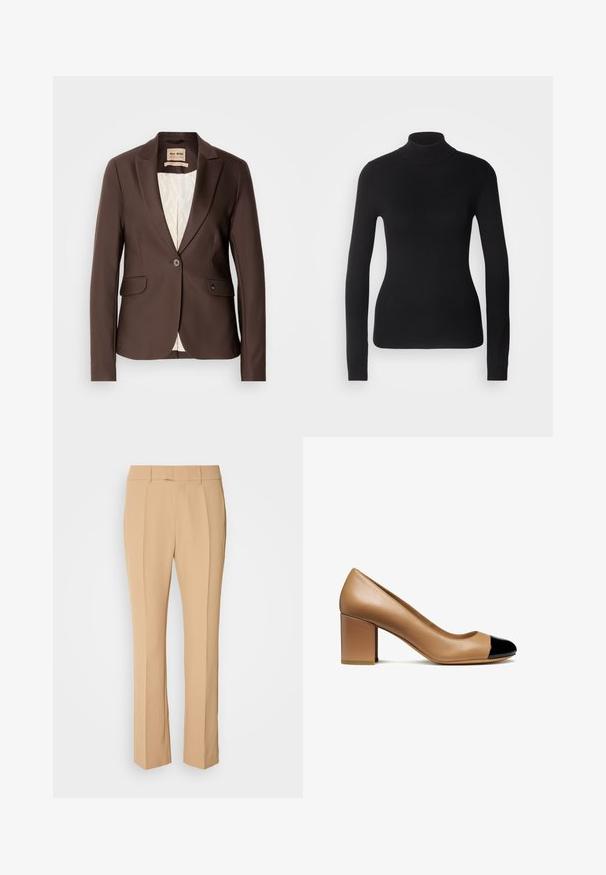 Brun blazer med en glat tekstur, enkelt knaplukning, to forlommer og en kontrasterende lysfarvet foer.; Sort turtleneck sweater lavet af let strikket stof. Har lange ærmer, et tætsiddende design og en blød ribbet tekstur.; Beige skræddersyede bukser med lige ben, der har to frontfald, en flad front og et glat, let materiale.; Beige læderpumps med en rund tå og en sort patenthætte, med en blokhæl og glat tekstur.