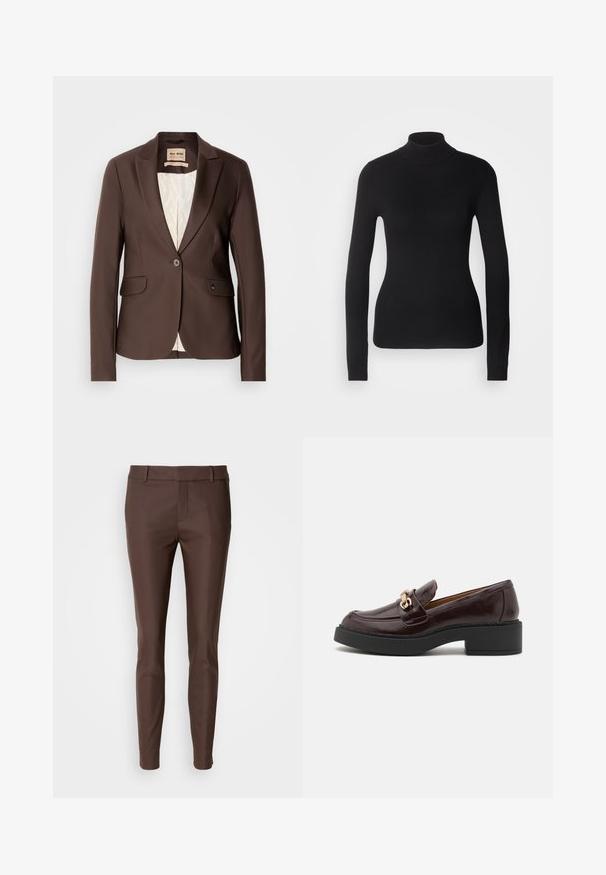 Brun blazer med en glat tekstur, enkelt knaplukning, to forlommer og en kontrasterende lysfarvet foer.; Sort turtleneck sweater lavet af let strikket stof. Har lange ærmer, et tætsiddende design og en blød ribbet tekstur.; Slim-fit brune bukser med flad front, bæltestropper og smalle ben mod en ensfarvet hvid baggrund.; Brune læder loafer med en guldaccent spænde, sort blokhælt og en glat tekstur. Sidevisningen viser en rund tå og stikninger.