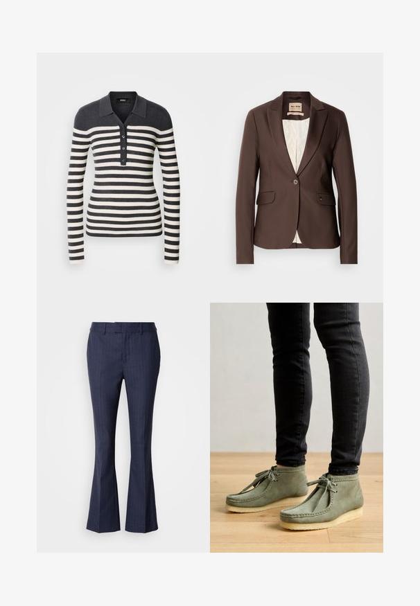 Brun blazer med en glat tekstur, enkelt knaplukning, to forlommer og en kontrasterende lysfarvet foer.; Stripet langærmet pullover i mørkegrå og creme, med krave og knaplukning foran. Ribbet tekstur hele vejen igennem.; Mos Mosh CARIE - Bukser - maritime blue; Grønne ankelstøvler i ruskind med en blød sål, der har en snørebåndsdesign og stikninger langs kanterne. Båret med sorte jeans.