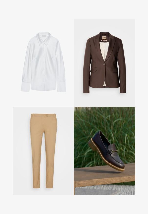 Blazer marron avec une texture lisse, fermeture à un bouton, deux poches avant et une doublure de couleur claire contrastante.; Chemise blanche à manches longues avec un col classique, dotée d'une fermeture à boutons sur le devant et d'une texture lisse, fabriquée en tissu léger avec un éclat subtil.; Chinos beiges en tissu léger, avec une coupe slim, une taille standard, des passants de ceinture et des poches avant. Texture lisse.; Mocassin en cuir brun foncé avec semelle en bois et détail en métal doré, suspendu au-dessus d'un banc en bois avec un fond d'herbe verte.