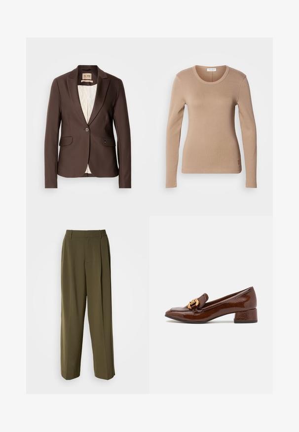 Bruine blazer met een soepele textuur, sluiting met één knoop, twee voorkzaken en een contrasterende lichtgekleurde voering.; Langwerpige top in lichtbeige, met een ronde halslijn en een slim fit. Gemaakt van zachte, rekbare stof met een subtiele textuur. Klein logo-detail op de zoom.; Olijfgroene wijde broek van een gladde stof, met een hoge taille, plooien aan de voorkant en zijzakken voor functionaliteit.; Bruine leren loafers met een glanzende afwerking, met een decoratieve gouden gesp aan de voorkant en een lage blokhak. Klassiek ontwerp.