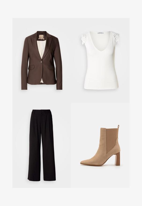 Blazer marron avec une texture lisse, fermeture à un bouton, deux poches avant et une doublure de couleur claire contrastante.; Débardeur blanc à côtes avec un col en V et des accents en dentelle florale sur les épaules. Texture lisse, design ajusté. Étiquette de marque visible à l'intérieur.; Pantalon large noir en tissu lisse, avec des plis à l'avant, une taille ajustée, et sans motifs ni accents visibles.; Bottes chevilles beiges en daim avec des panneaux latéraux élastiques, bout pointu et un talon bloc rayé. Comprend une languette à l'arrière.