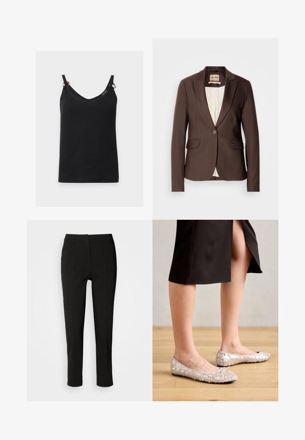 Blazer marron avec une texture lisse, fermeture à un bouton, deux poches avant et une doublure de couleur claire contrastante.; Caraco noir sans manches avec fines bretelles, encolure en V et petits anneaux métalliques reliant les bretelles au haut. Aucun motif ni logo visible.; Pantalons noirs ajustés avec une coupe slim, devant plat et sans poches visibles, offrant une texture lisse et une finition soignée au bas.; Ballerines en sequins beiges avec un bout rond, ornées d'un accent nœud, associées à une jupe noire, exposées sur un sol en bois.