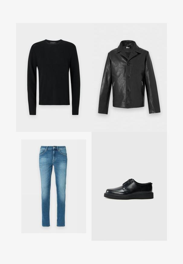 Sort læderjakke med knapper, spids krave og lynlåslommer i siderne, vist på en neutral baggrund.; Sort bomulds sweater med lange ærmer, ribbet tekstur, rund hals og tætsiddende ærmer. Enkel design uden mønstre eller detaljer.; Blå denim slim-fit jeans med for- og baglommer, knaplukning og let falmning på lår og knæ, vist på hvid baggrund.; Sorte læder snøresko med rundet snude, glat finish og tekstureret sort gummisål. Minimalistisk design uden synlige mønstre.
