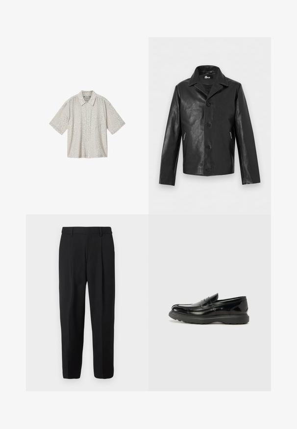 Veste en cuir noir boutonnée avec col pointu et poches latérales zippées, présentée sur un fond neutre.; Chemise à manches courtes boutonnée avec motif léopard beige clair et blanc cassé et une poche poitrine.; Pantalon noir à jambe droite, confectionné en tissu tissé, avec devant plat, passants pour ceinture et deux poches latérales.; Mocassin en cuir noir avec une finition brillante, bout arrondi, détails de couture subtils et semelle en caoutchouc épaisse pour la durabilité.