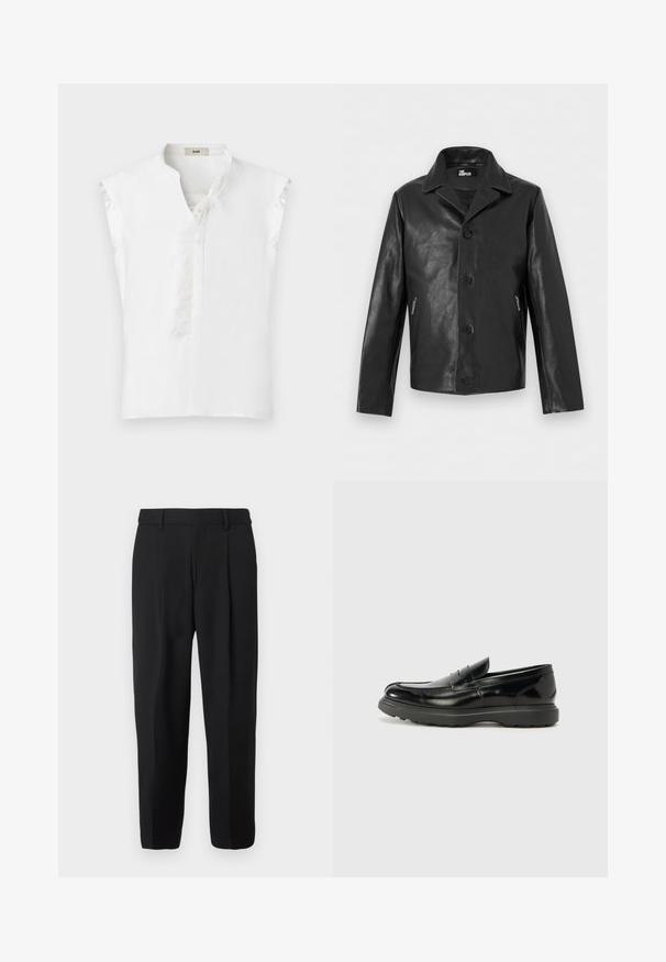 Veste en cuir noir boutonnée avec col pointu et poches latérales zippées, présentée sur un fond neutre.; Blouse blanche sans manches avec bordure en plumes le long de l'encolure avant et col en V légèrement arrondi, présentée sur un fond uni.; Pantalon noir à jambe droite, confectionné en tissu tissé, avec devant plat, passants pour ceinture et deux poches latérales.; Mocassin en cuir noir avec une finition brillante, bout arrondi, détails de couture subtils et semelle en caoutchouc épaisse pour la durabilité.