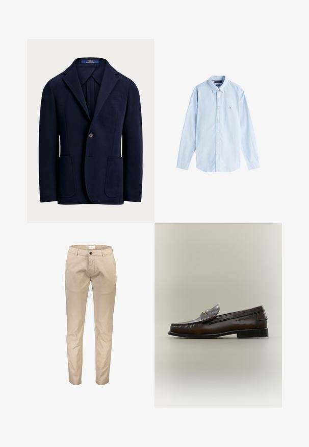 Marineblå enkeltknappet blazer med notch revers, to frontlaplommer, lukning med en knap og brystlomme.; Lys blå langærmet skjorte med knapper, lavet af bomuldsmateriale, traditionel krave, enkelt brystlogo og knapmanchetter med en lige nederkant.; Beige bomuldsbukser med lige ben, der har frontlommer, lynlås og en enkelt knaplukning. Glat tekstur, uden mønstre.; Mørkebrun læderloafer med lav sort hæl, mokkasinsyning og en dekorativ rem over toppen.